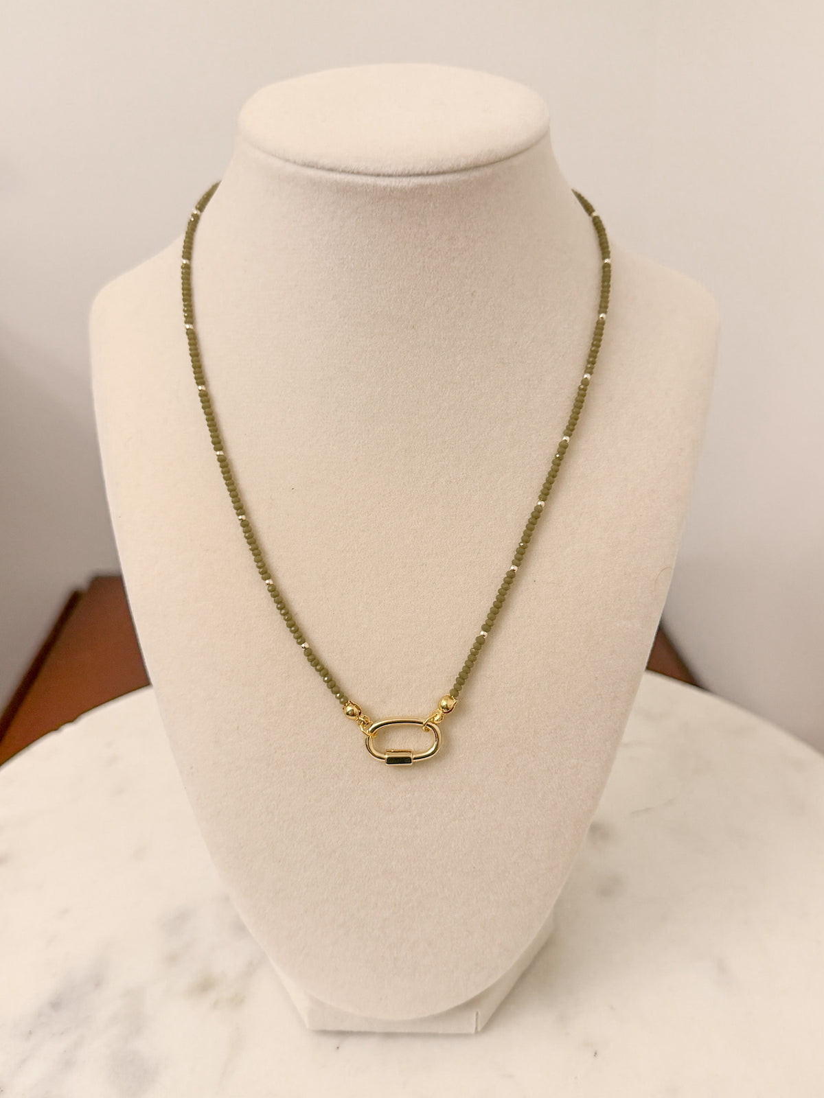 Tiny Beads Necklace with Carabiner: Olive Green