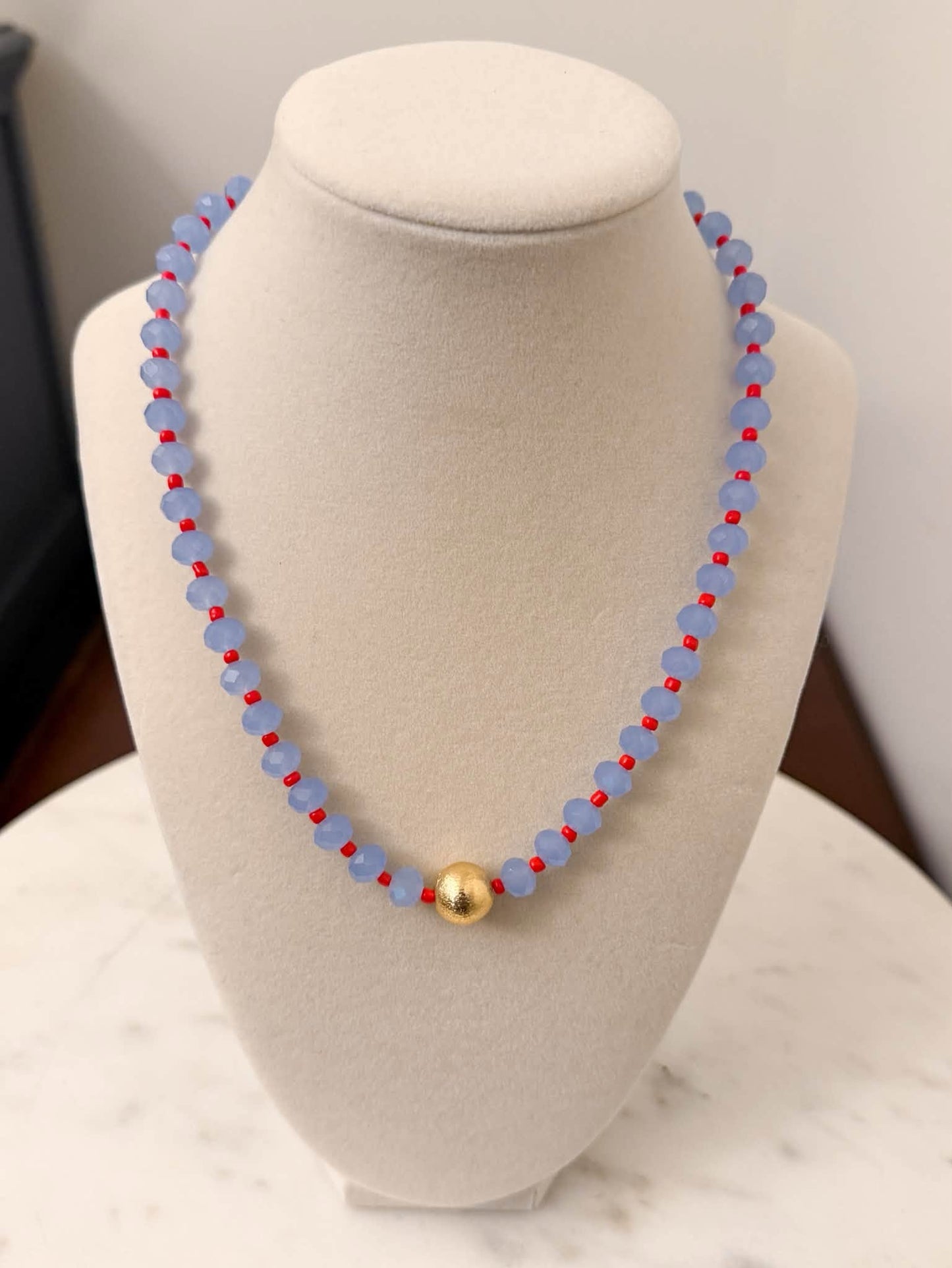 Powder Blue & Red Beaded Necklace