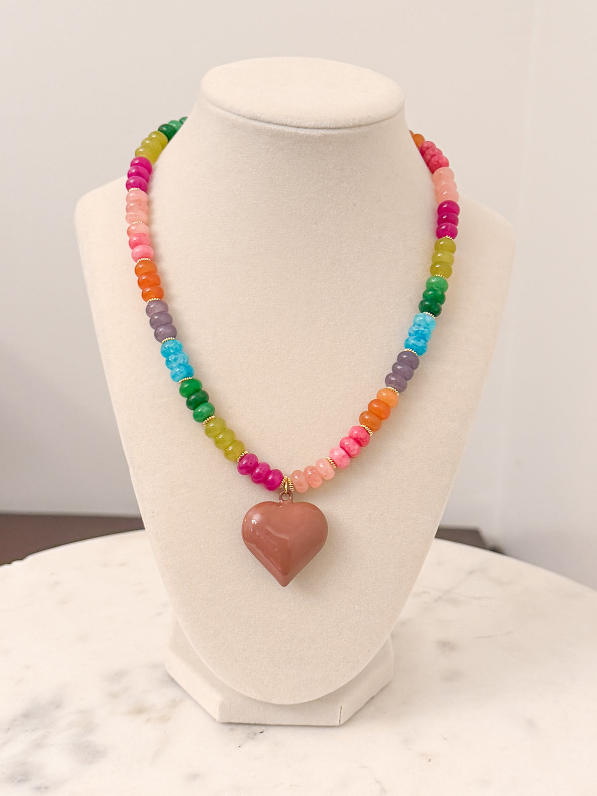 Autumn Rainbow Candy Necklace with Brown Heart