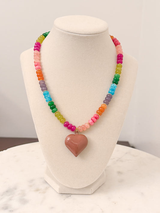 Autumn Rainbow Candy Necklace with Brown Heart
