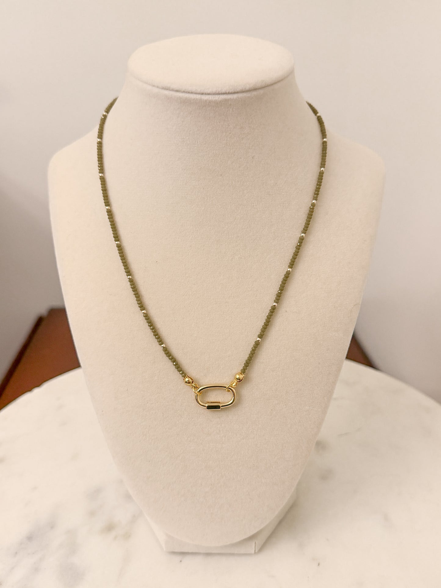 Tiny Beads Necklace with Carabiner: Olive Green
