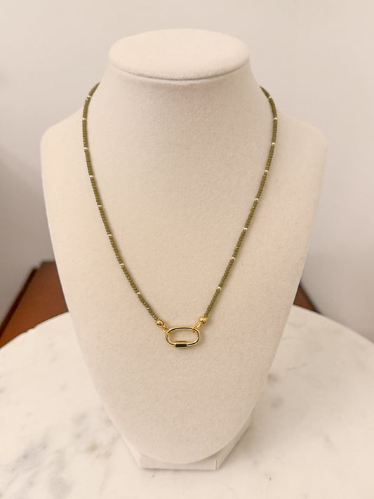 Tiny Beads Necklace with Carabiner: Olive Green