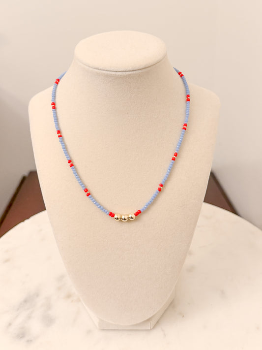Powder Blue & Red Tiny Beads Necklace